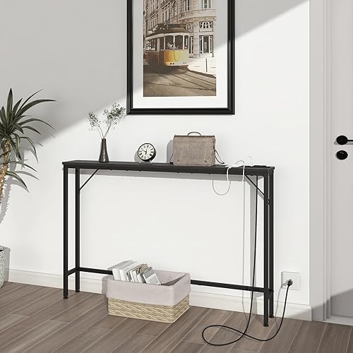 Miniatura 9 de Tohomeor Mesa de consola de 47.24 pulgadas, mesa de sofá larga estrecha con tomas de corriente, puertos USB, mesa de entrada de madera industrial