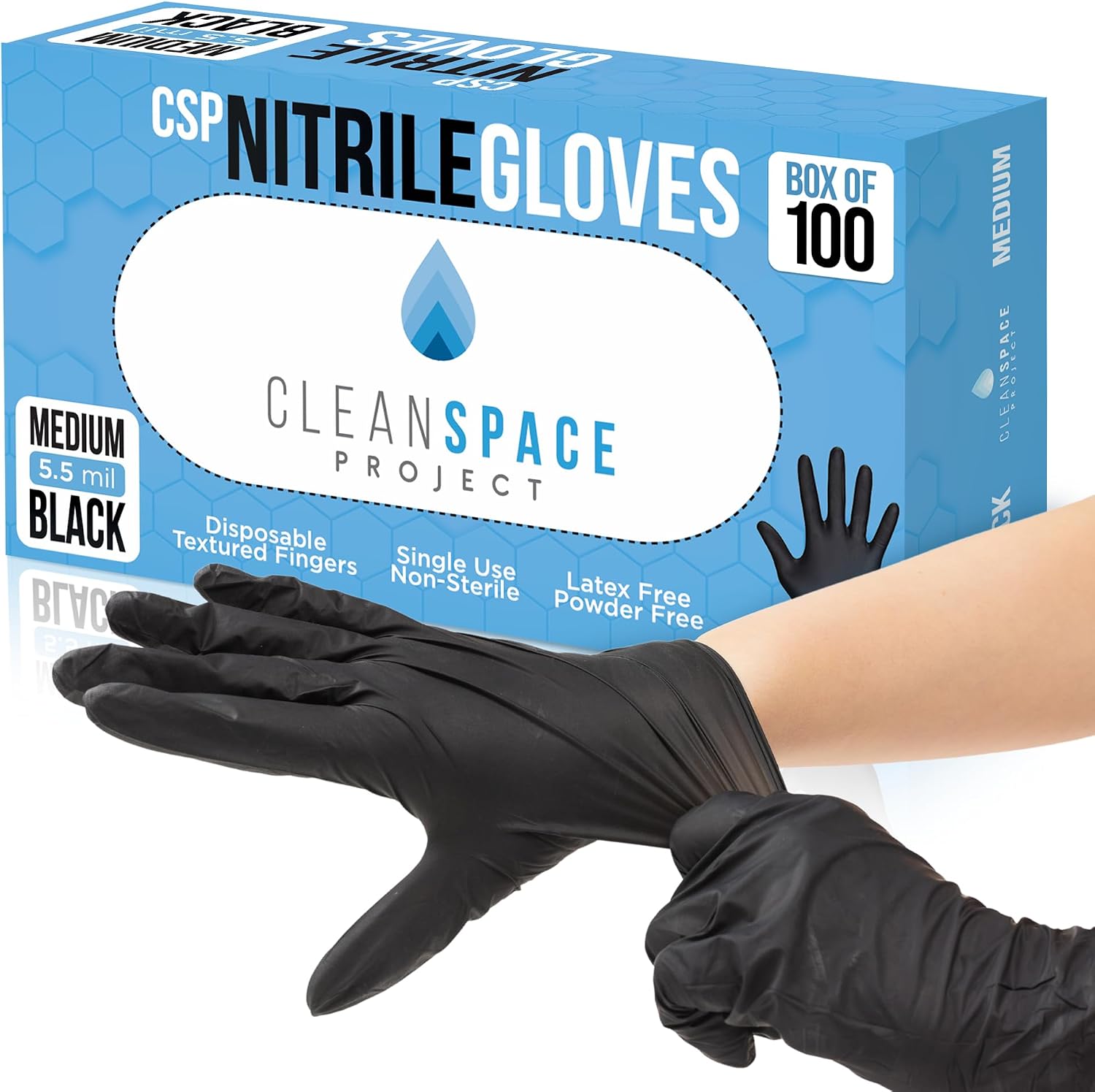 CLEAN SPACE PROJECT Nitrile Gloves - Disposable, Latex-Free, Powder-Free, Food Safe - Black Gloves for Cooking, Cleaning, Tattooing, Detailing & More (Medium, Box of 100 & Case of 1000, Bundle Pack)
