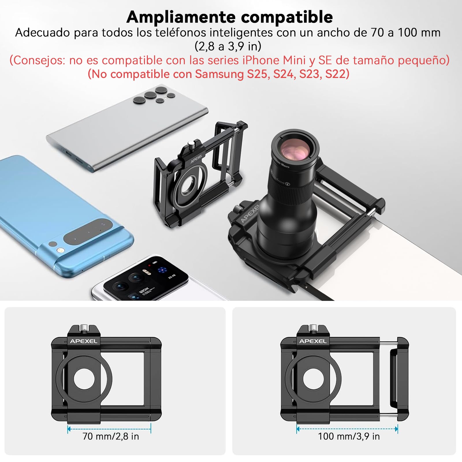 APEXEL Teleobjetivo de enfoque fijo 6X de alta definición con clip universal mejorado, lente macro de 150 mm, recubrimiento FMC, compatible con iPhone 17/16/15..., Samsung, Pixel y otros smartphones
