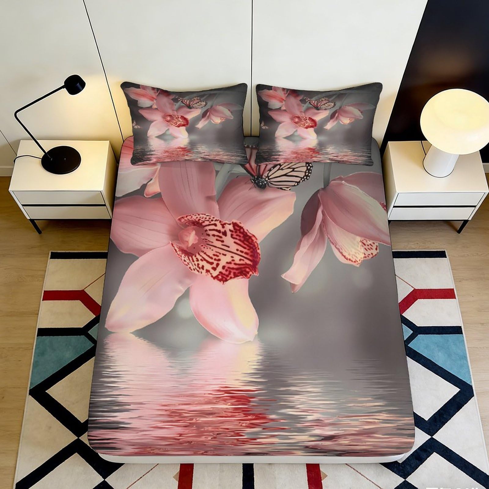 3D Printed Pink Orchid Fitted Sheet Microfiber Soft Decor Water Reflection Mattress Cover for Bedroom Guest Room 90x200x25cm
