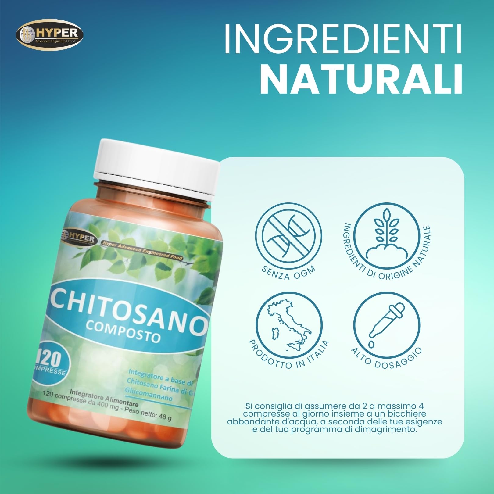 Hyper Chitosano Glucomannano 3x120 Compresse - Dimagrante che Favorisce la Perdita di Peso agendo come Brucia grassi e Riduce la Fame Nervosa riducendo i carboidrati ed i ed i Grassi Assorbiti