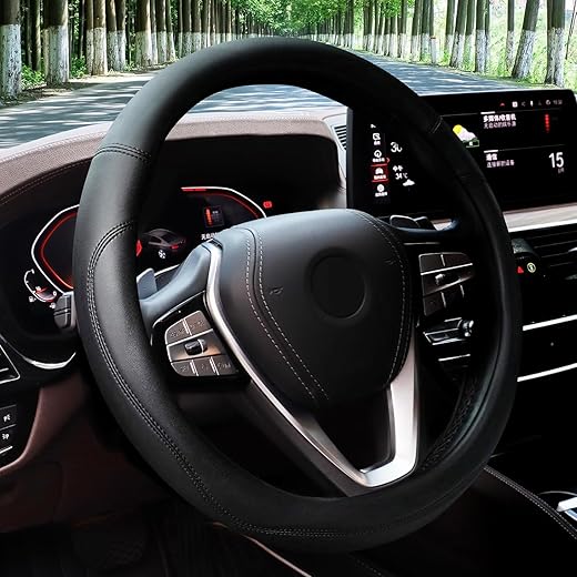HOTOR Car Steering Wheel Cover - Universal Car Accessory for Diverse Cars, Leather Cover with Anti-Slip Lining, for Steering Wheel with a Diameter of 14.5"-15",Black