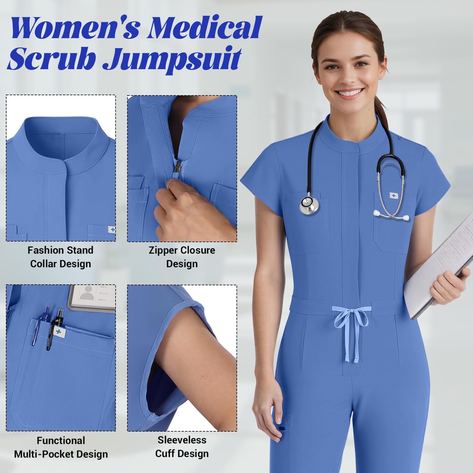 Tuta da donna chirurgica medica, uniforme medica con colletto rialzato e design senza maniche, 8 tasche funzionali, pagliaccetto per professionisti medici