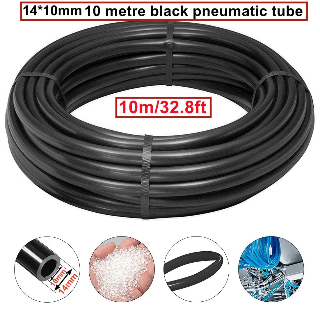 HUAZIZ Tubo pneumatico in poliuretano nero, 10 m, tubo flessibile per aria compressa, esterno 14 mm x interno 10 mm + 1 tagliatubi blu + 1 nastro in teflon rosa