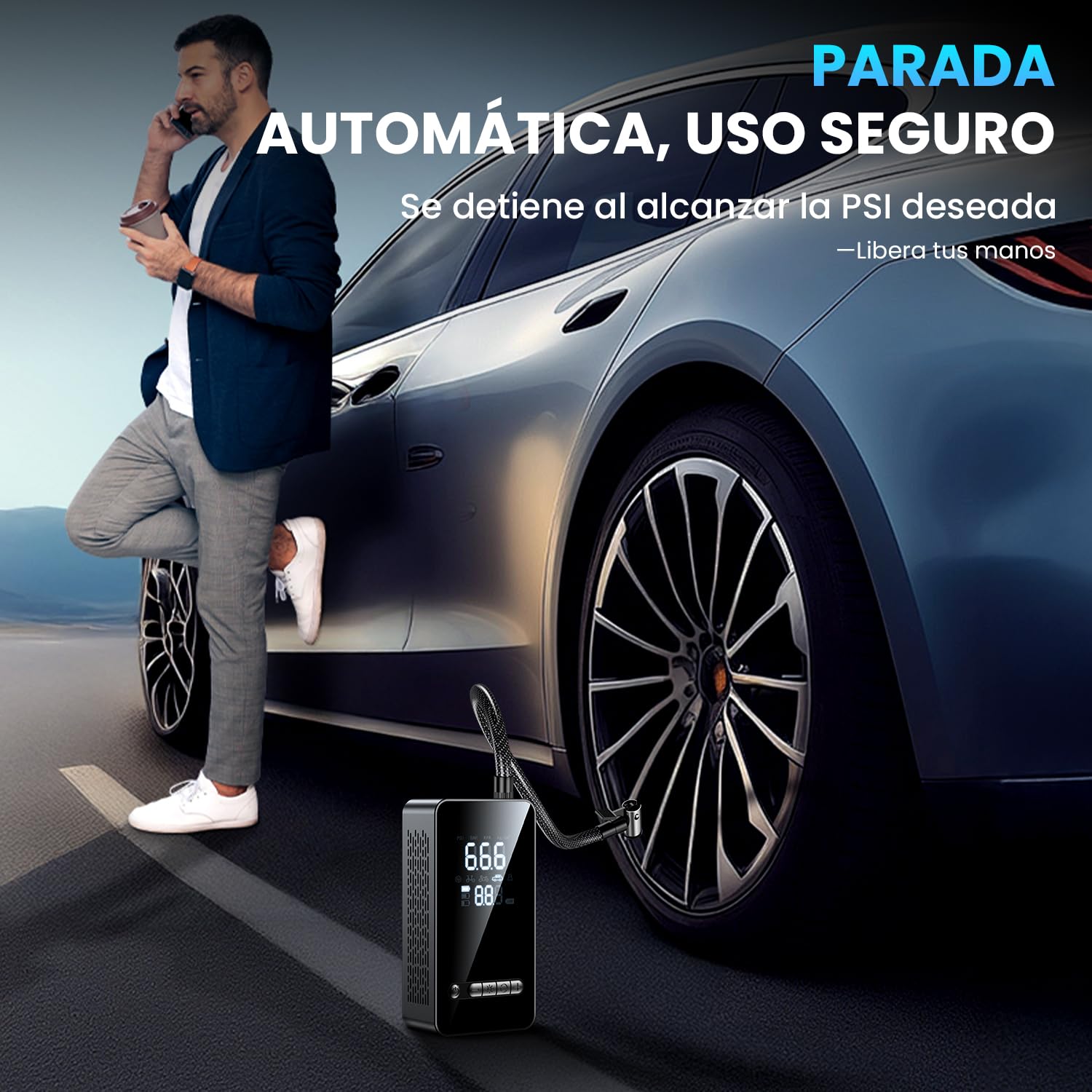 Inflador Ruedas Coche Compresor Aire Portatil - Inflador Electrico 150PSI con Función de Parada Automática, Hinchador Ruedas para Coche Moto Bicicleta Bola, Pantalla Digital y Luz LED, Nueva Versión — view 7
