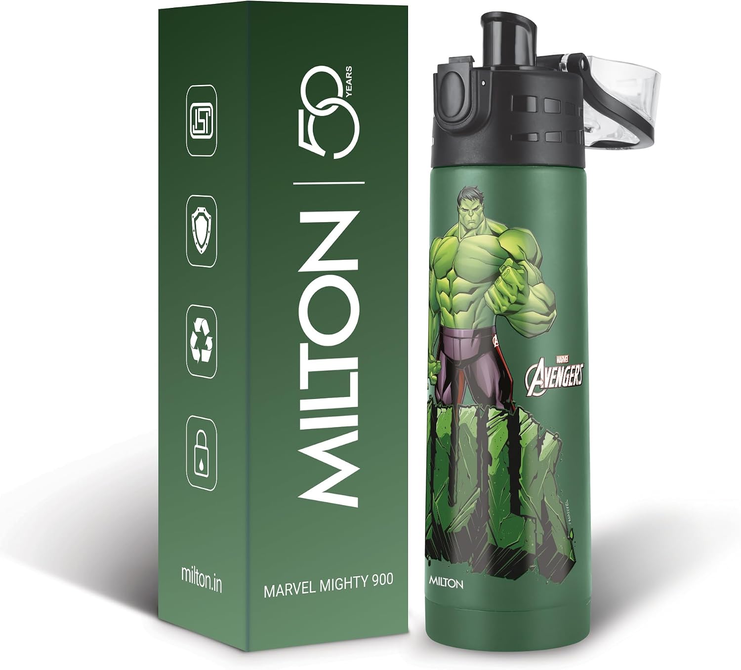 Milton Marvel Mighty 900 Thermosteel ISI Certified Water Bottle, 750 ml Stainless Steel, 24 Hr Hot and Cold, Leak Proof, Vacuum Insulation, for Office, School, Gym, Green Hulk