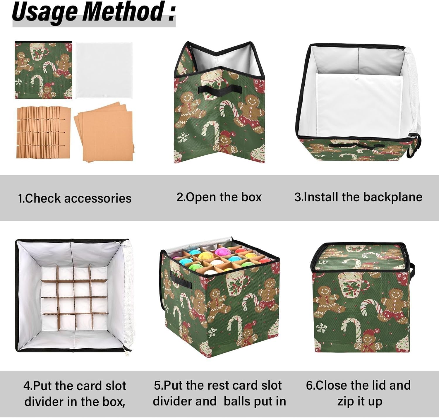 High Capacity Christmas ornament organizer storage Holds Up to 64, Zippered Top handy Holiday Storage Case with Lid,Gingerbread Men Green Christmas