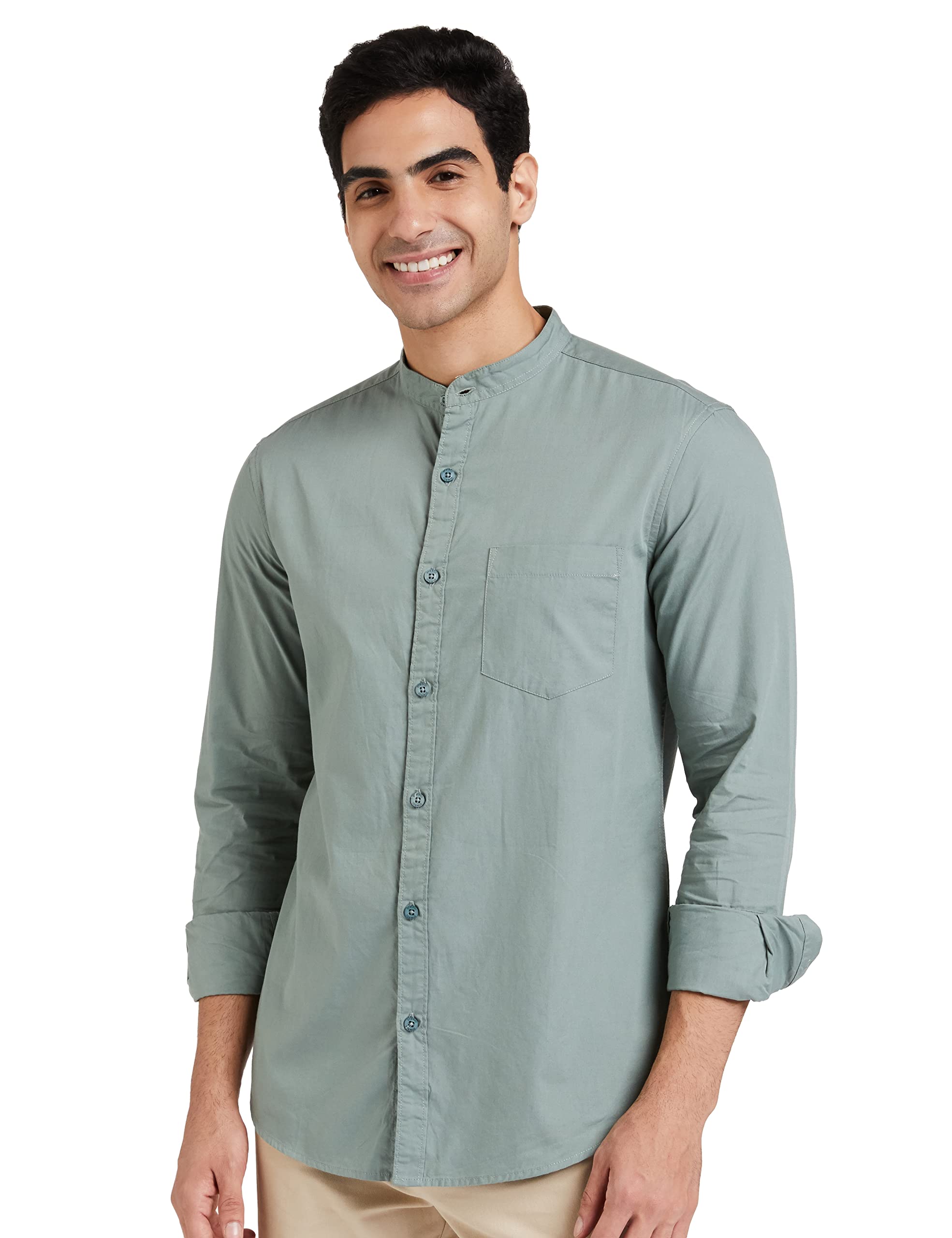 Amazon Brand - Symbol Mens Cotton Shirt | Chinese Collar | Casual | Plain | Full Sleeve | Summer - Regular Fit (Available in Plus Size) (Granite Green_M) (B0822PBXQF) Amazon Price History, Amazon Price Tracker