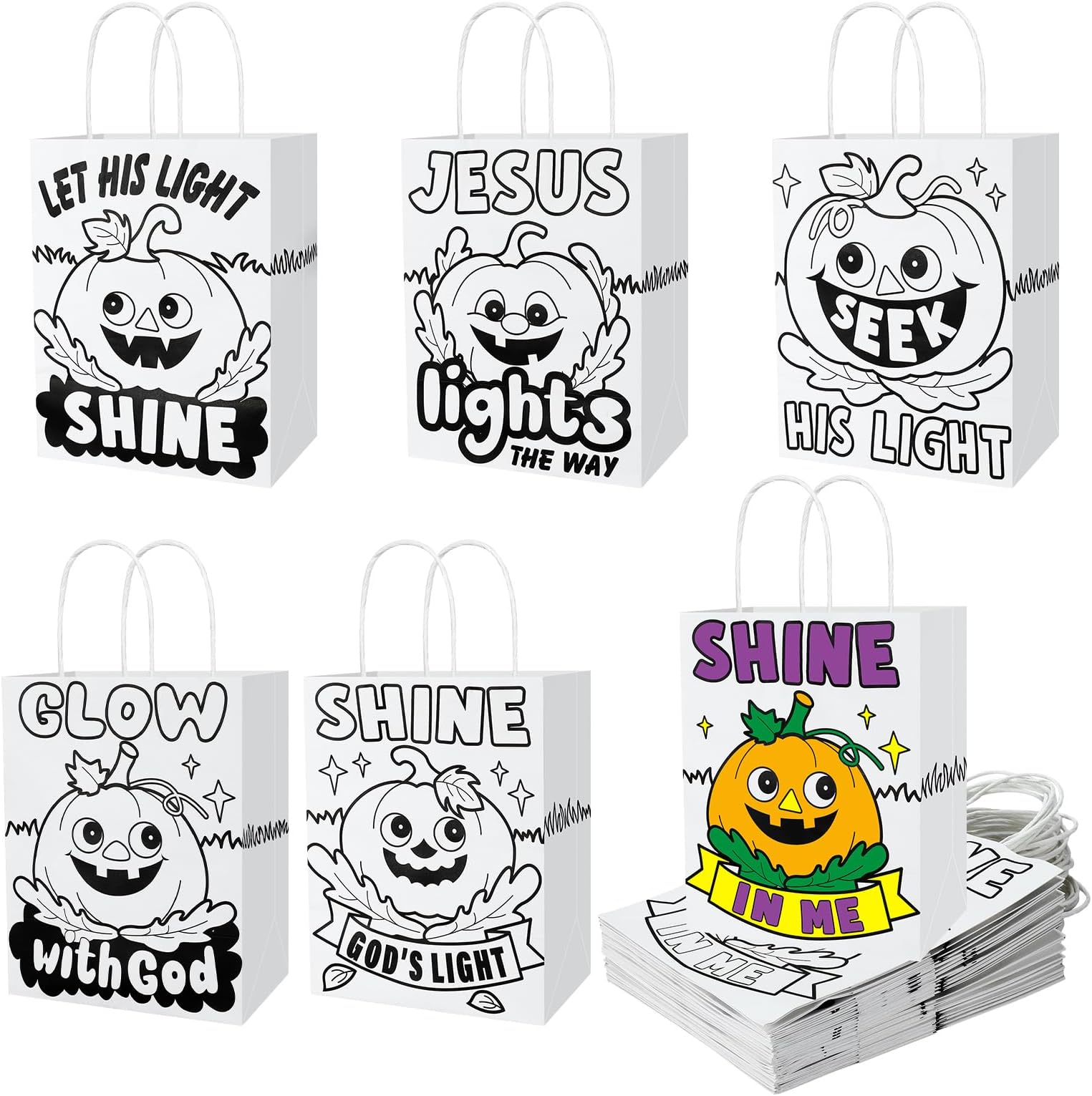Motipuns 36 Pcs Color Your Own Christian Pumpkin Gift Bags DIY with Handle for Home Classroom Halloween Supplies Fun Home Activities