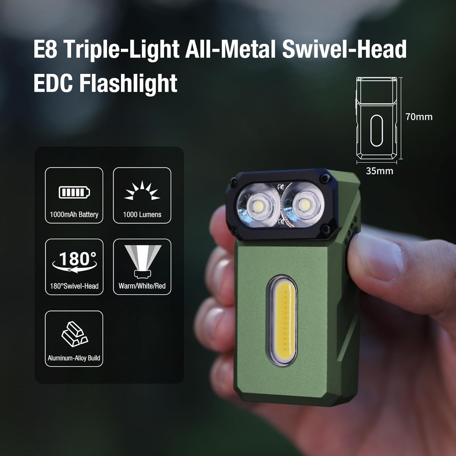 klarus E8 180° Swivel Head & Triple-Light Pocket Flashlight - 1000 Lumens, Rechargeable, IPX6 Waterproof, Magnet, Clip (EDC)