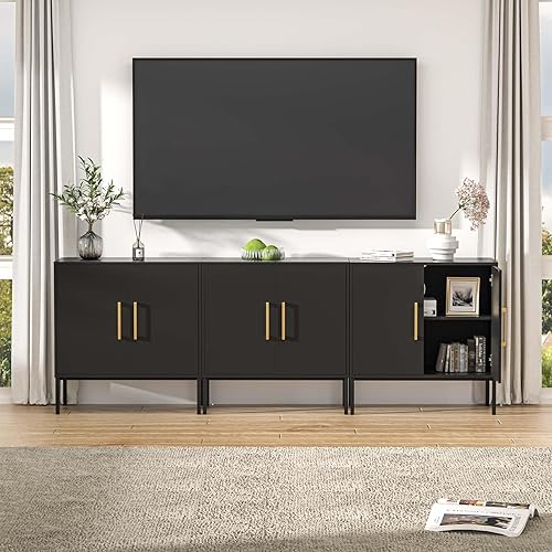 Miniatura 8 de LYNSOM Soporte de TV para TV de 85 pulgadas, mesa consola central de entretenimiento multimedia, 3 gabinetes, mesa consola de TV con gabinete de