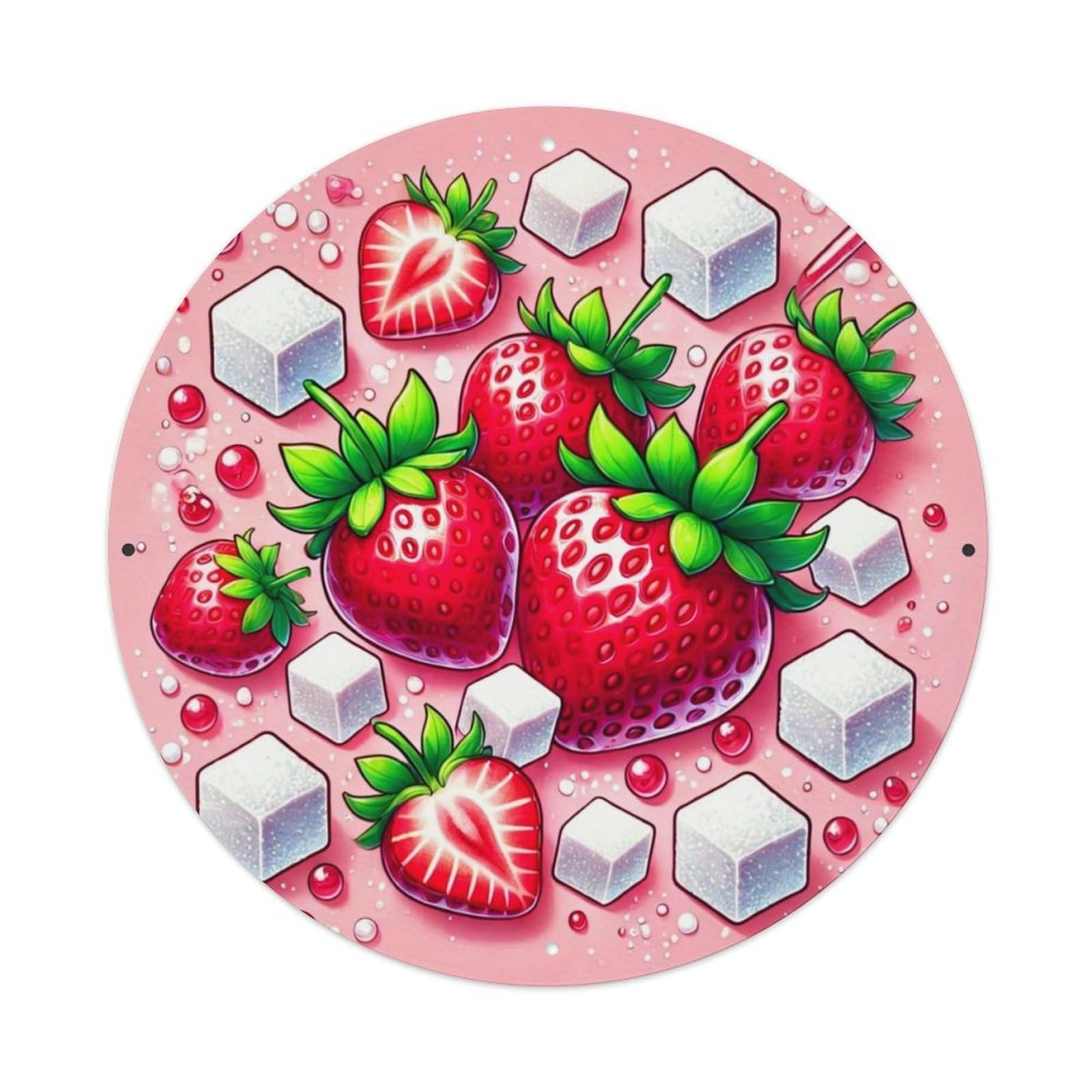 Strawberries And Sugar Cubes Pattern Vintage Metal Tin Sign Retro Wall Decor for Home Bar Garage Cafe, Indoor & Outdoor Decorative，circle Metal Poster, 8x8 Inch