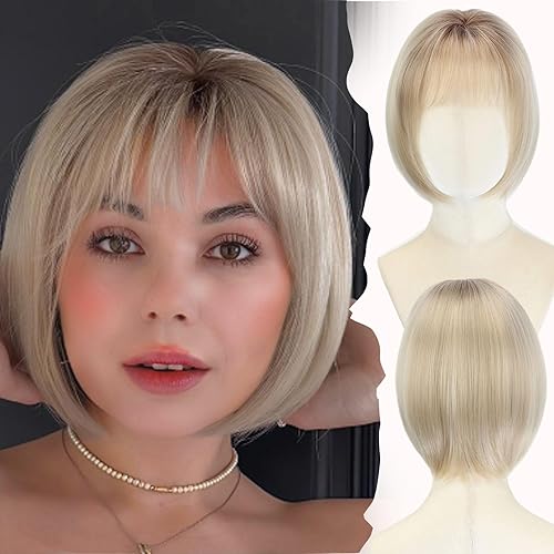 Honey Light Blonde Bob Wig with Bangs for White Women, 10 Inch Short Glueless Lace Front Wig, Protein Synthetic Fiber, Realistic Scalp, Heat-Resistant, Lightweight Daily Wear