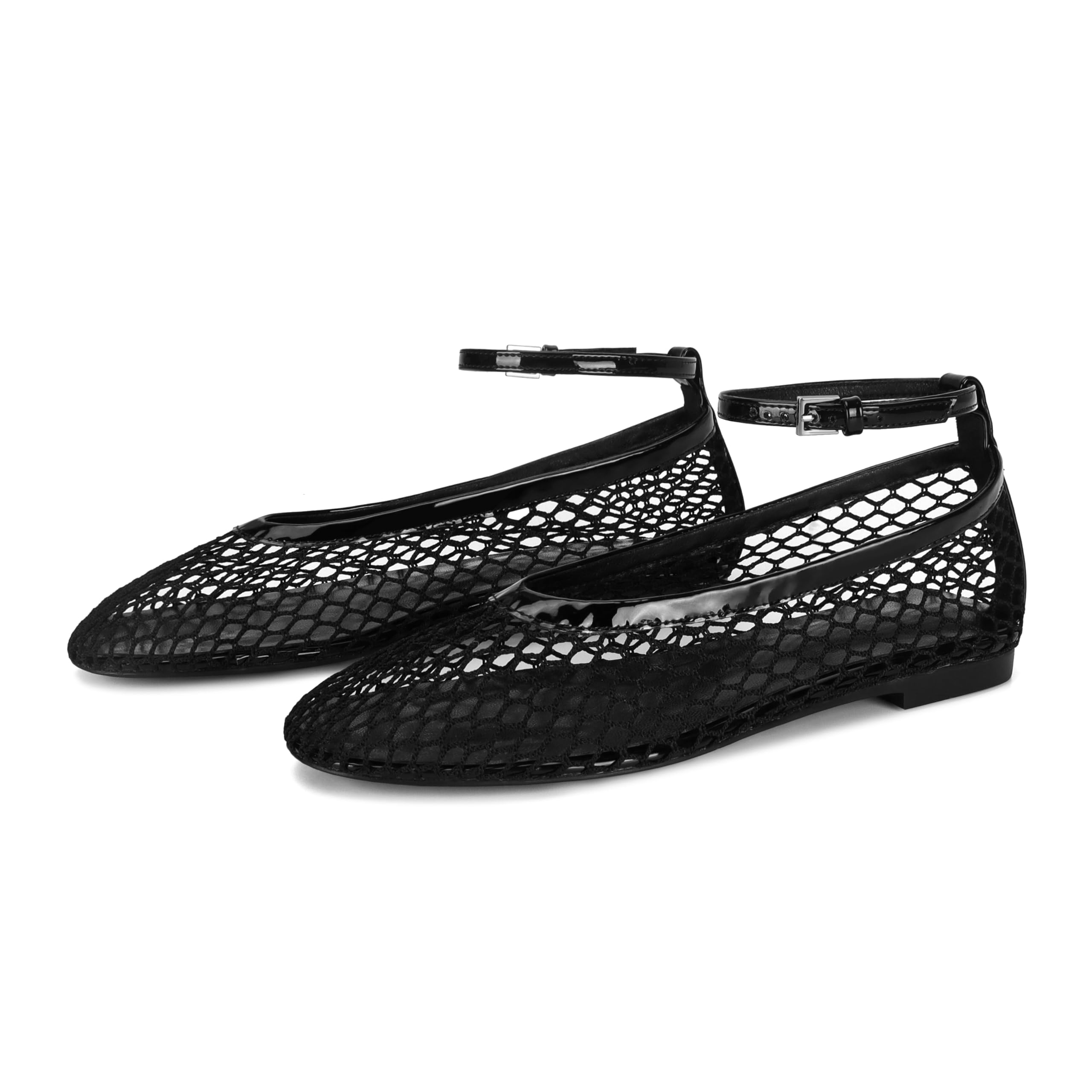 Wnshonzy Mesh Ballet Flats for Women Round Toe Buckle Strap Fishnet Mary Jane Flats Comfy Casual Office Womens Summer Flats Shoes
