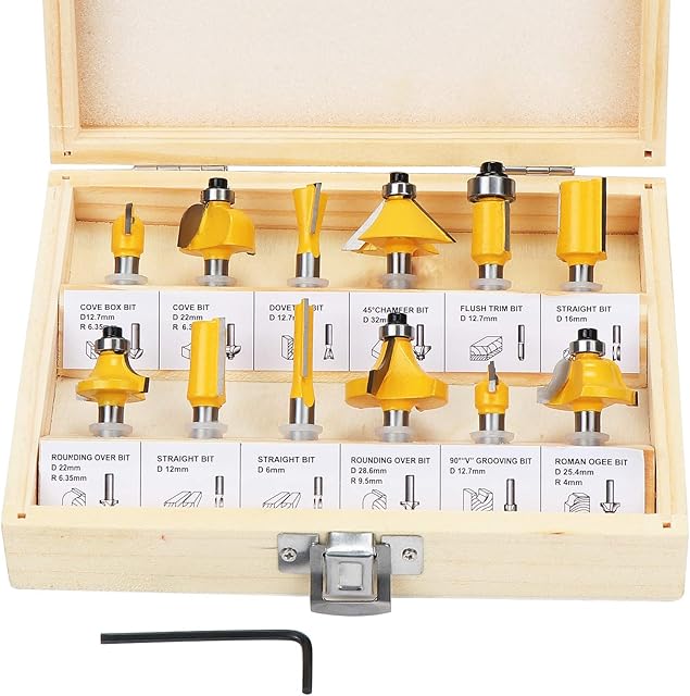 HSEAMALL 12 PCS 6.35mm 1/4 Inch Shank Tungsten Carbide Tipped Router Bit Set with Wrench