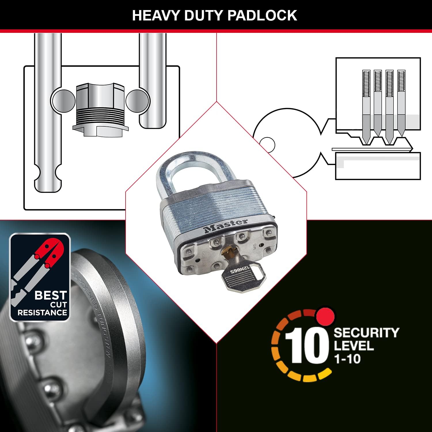 MASTER LOCK Heavy Duty Padlock, Security Level 10/10, Outdoor, Keyed, Laminated Steel, Weatherproof, Medium Shackle