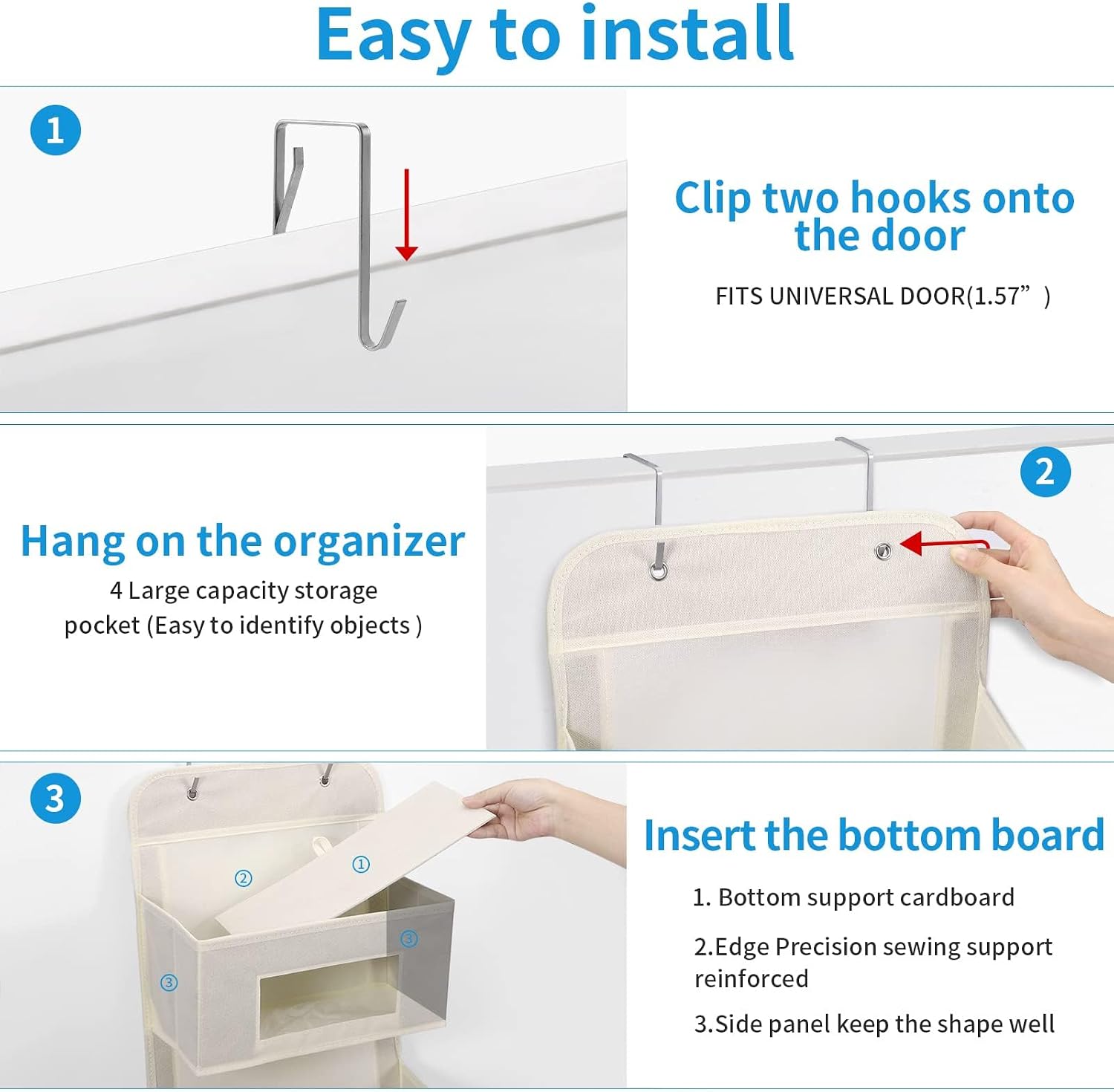 MAX Houser 5-Shelf Over The Door Hanging Organizer with 2 Metal Hooks，5 Pocket Over The Door Wall Mount Storage with Clear Windows for Bathroom Closet,Bedroom,Dorm(Beige-2 Pack)
