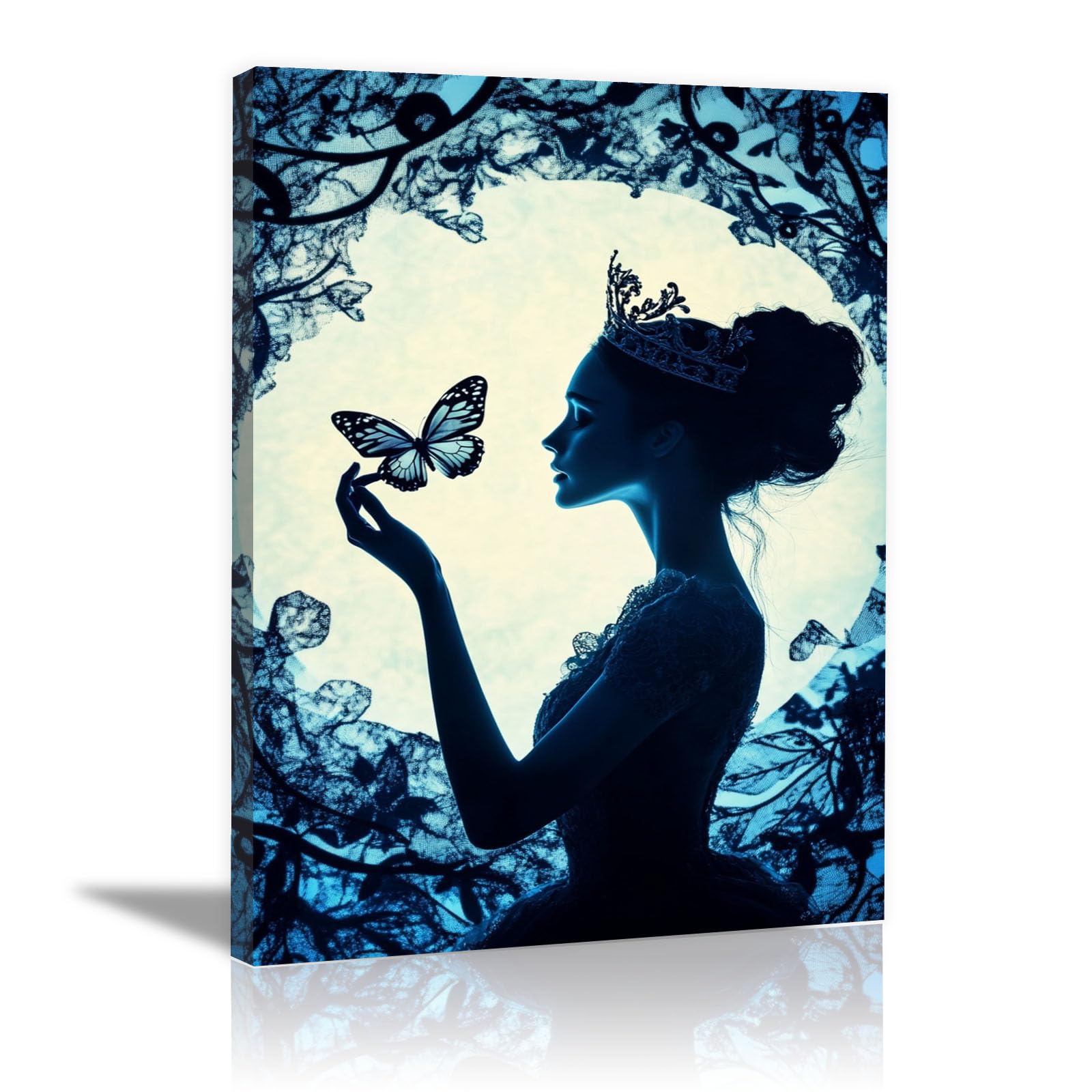 TERUEA Canvas Wall Art for Women Crowned Woman Blue Butterfly Silhouette Retro Painting Bathroom Wall Decor,(Blue)-70x100cm Framed