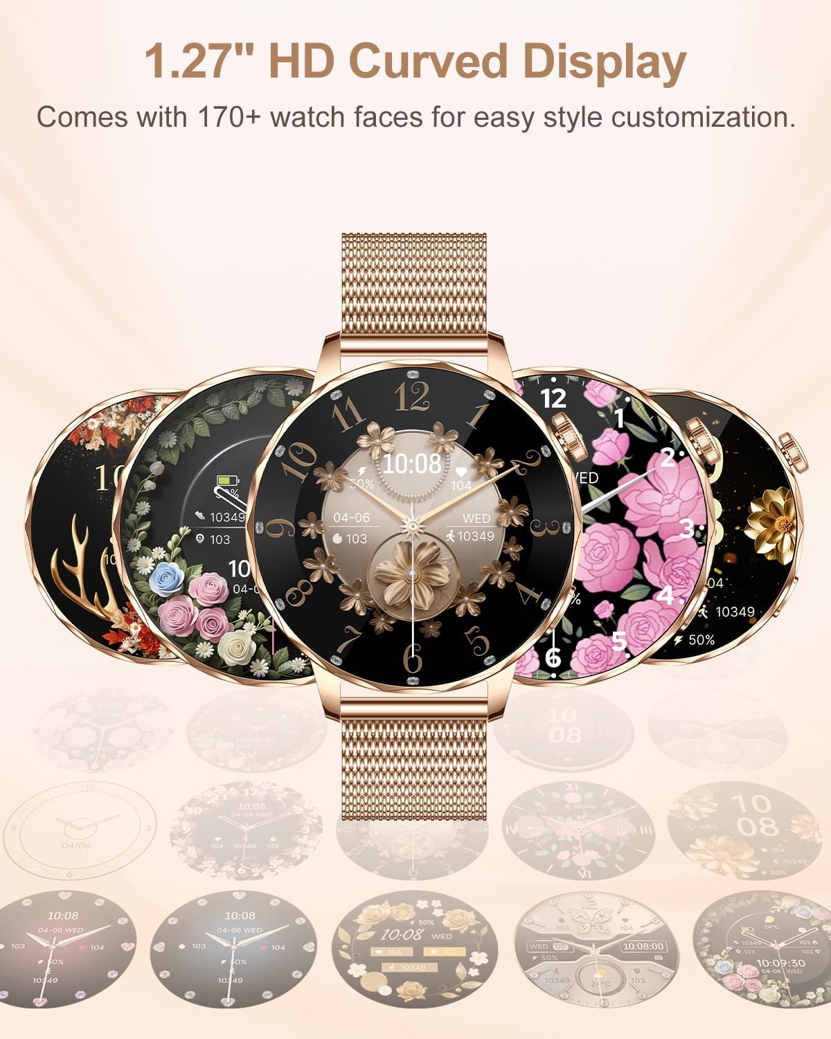 Smart Watch for Women, 1.27 Inch HD Touchscreen, Bluetooth Calling, Heart Rate & Sleep Tracking, 100+ Sports Modes, IP68 Waterproof Fitness Tracker for Android & iPhone (Rose Gold