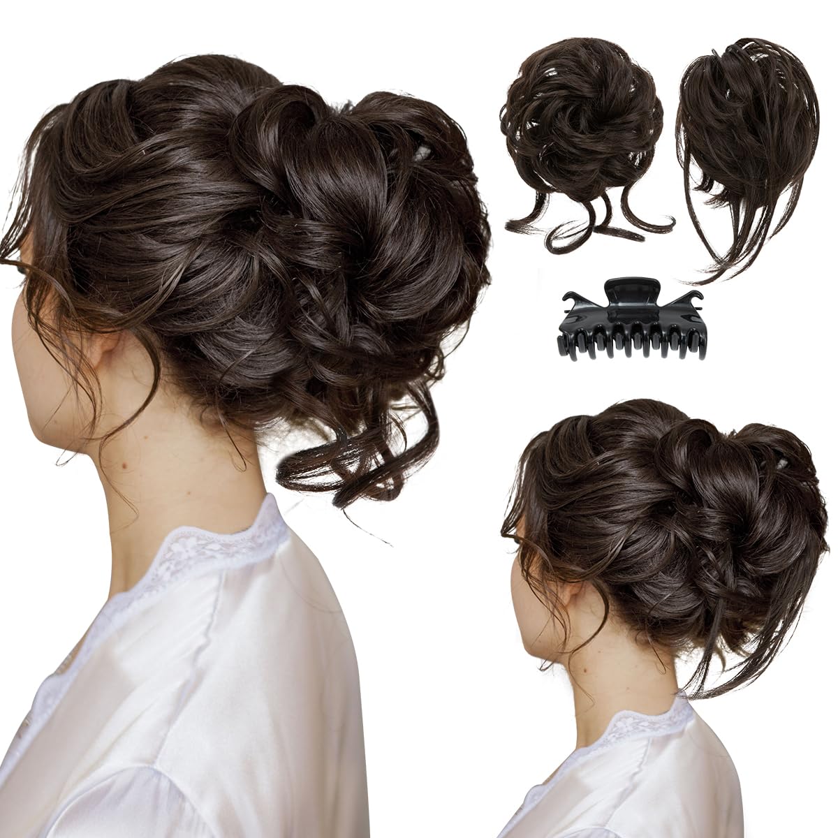 SARLA Dark Brown Messy Bun Hair Pieces - Wavy Synthetic Extensions