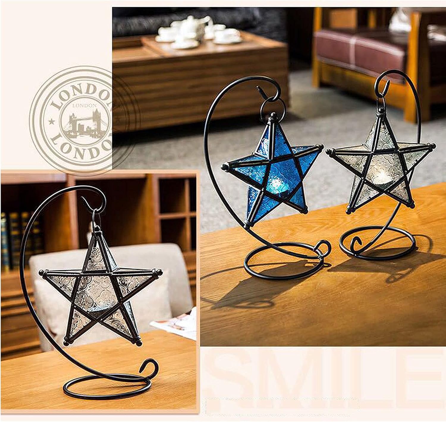 Sziqiqi Glass Star Tealight Lantern, Hanging Star Candle Holder, Colorful