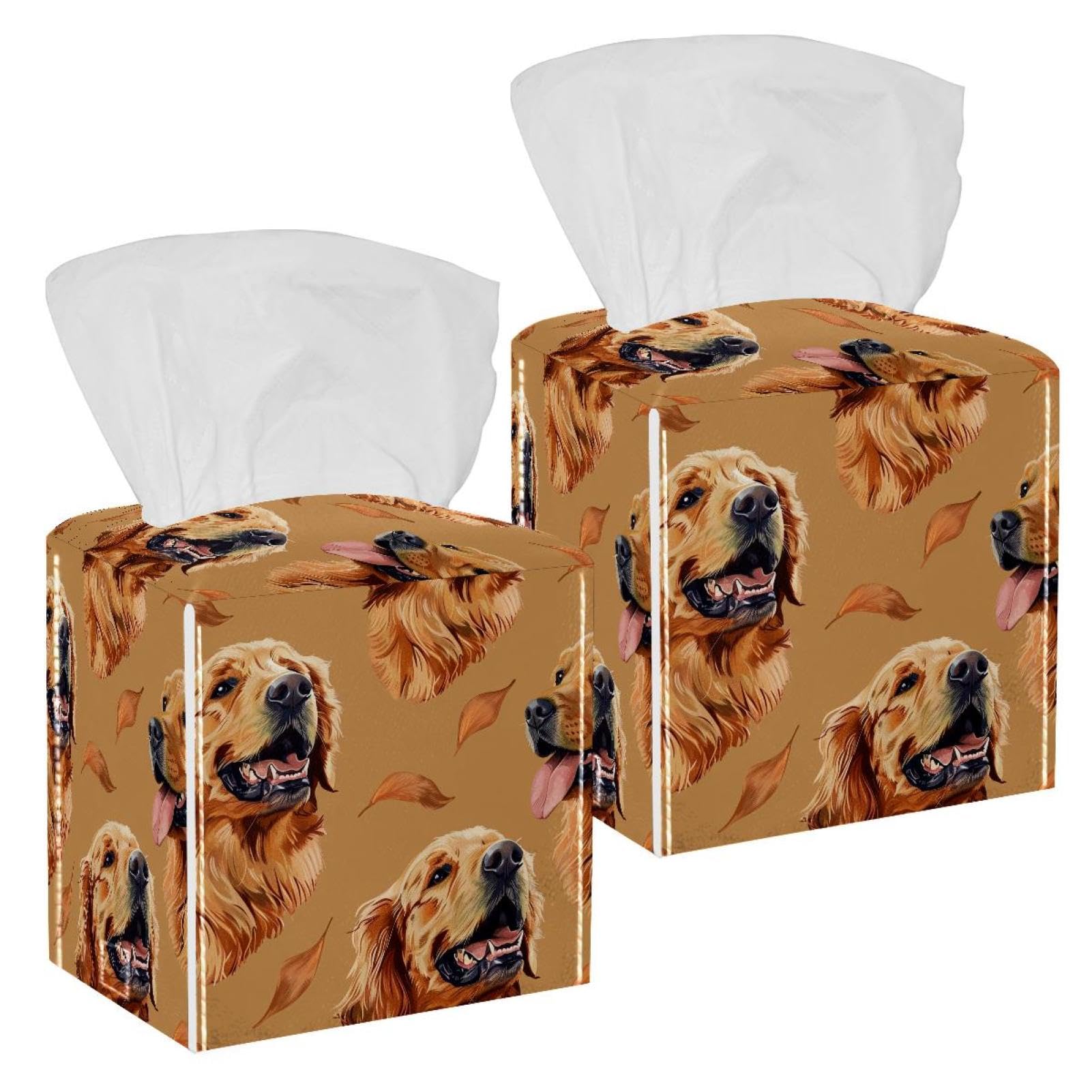 Golden Retriever Tissue Box Cover, 2 Pack PU Leather Square Facial Tissue Dispenser Box holder for Home Office Car
