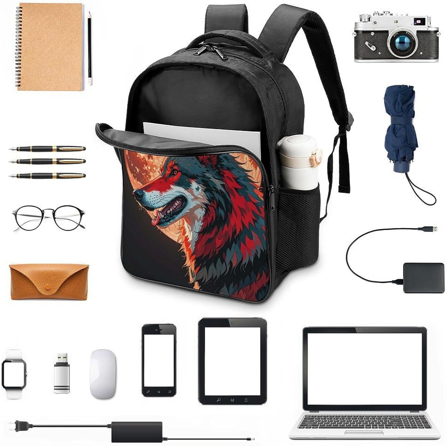 Red Moon Outdoor Wolf Backpack Large Capacity, 16 Inch Laptop Backpack with 2 Compartment, Ergonomic Heavy Duty Travel Bag for Men & Women