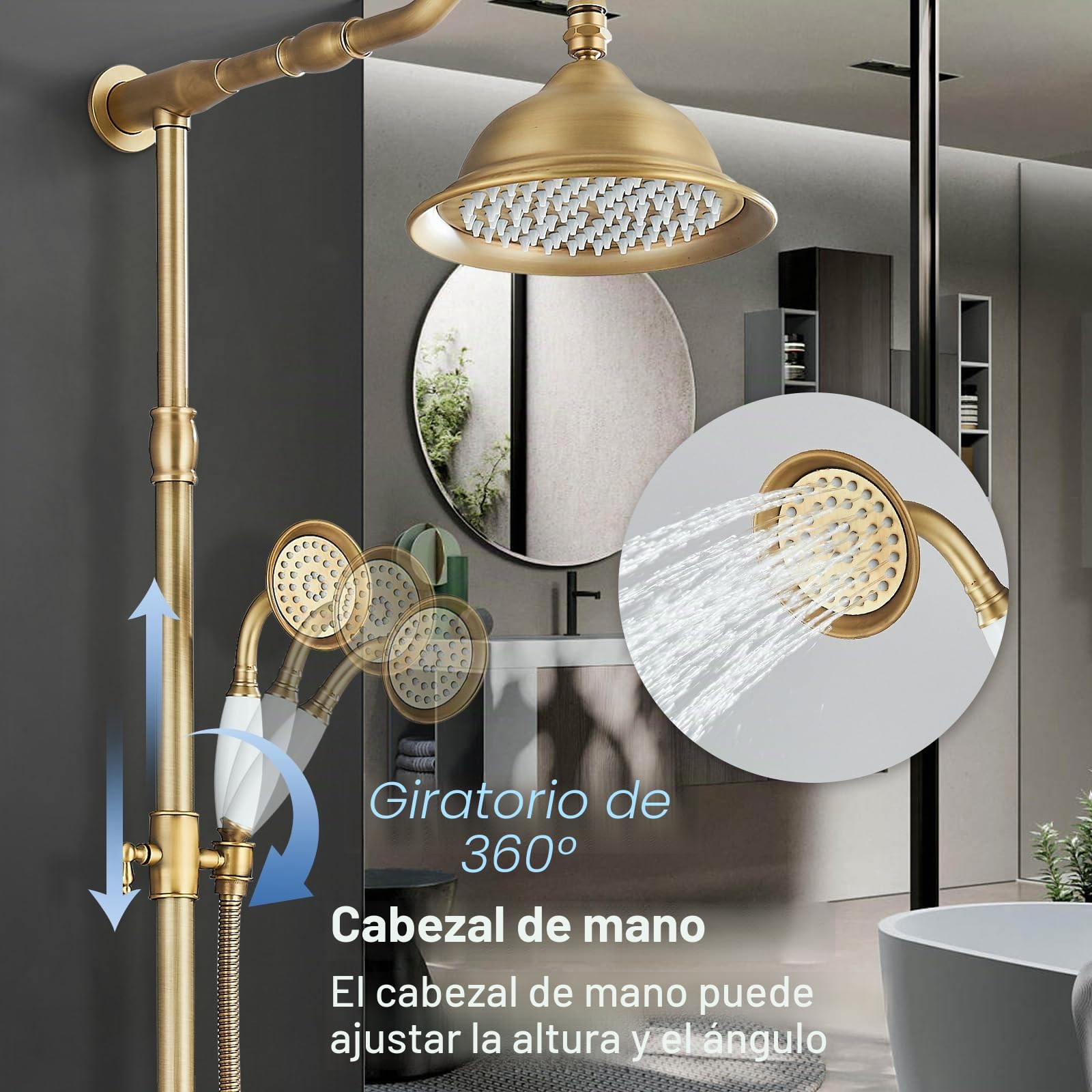 Grifo de ducha con cascada retro, 3 salidas, alcachofa superior de 8 pulgadas, ducha de mano + bañera de latón antiguo, kit con soporte extensible (100-135 cm)