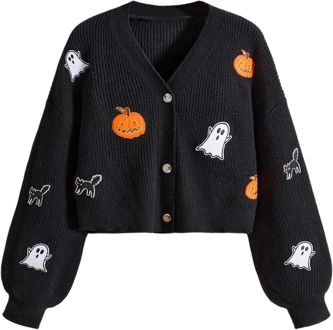 SweatyRocks Women's Button Up Cardigan Sweater Long Sleeve Holiday 3D Floral Cardigan