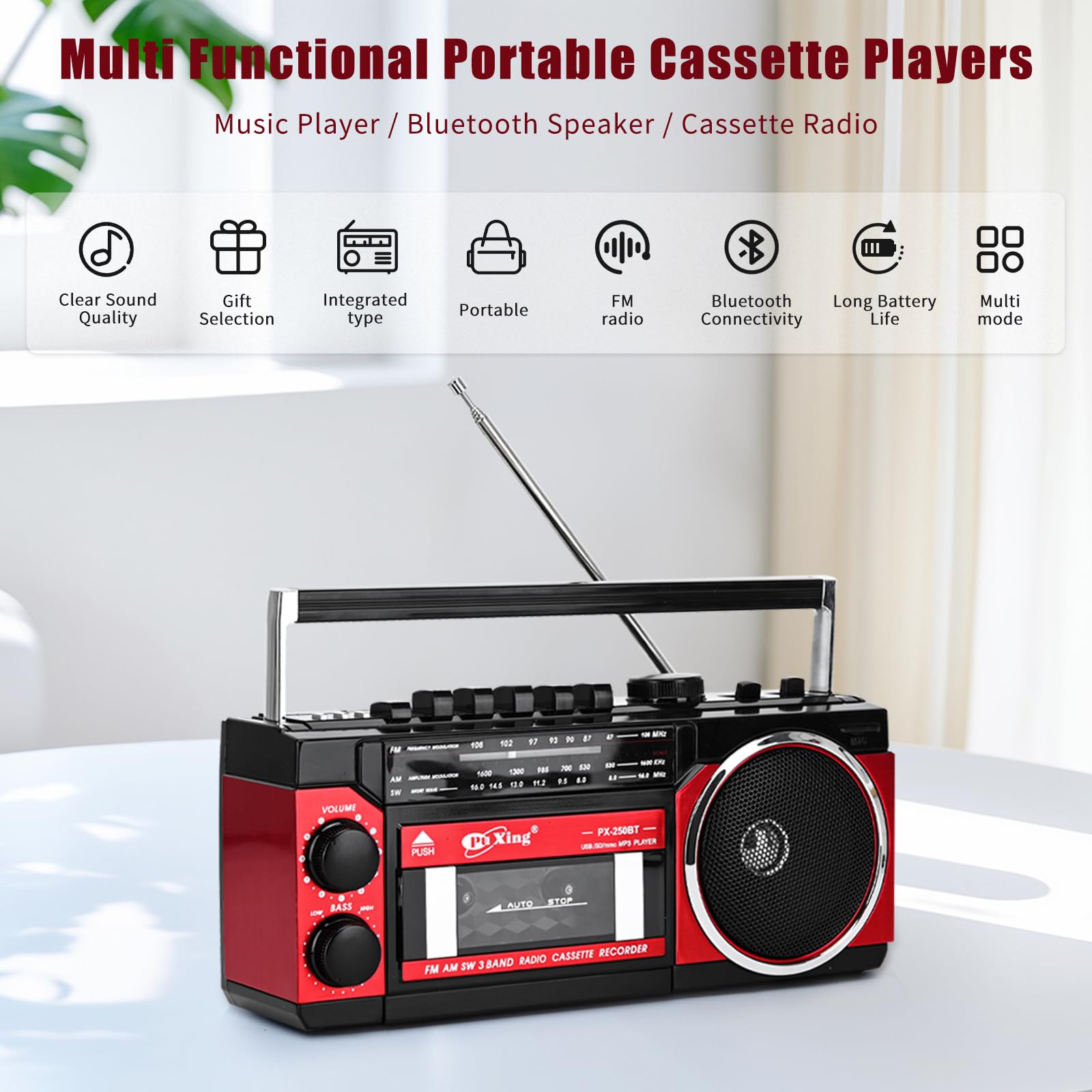 Kassettenspieler, tragbarer Kassettenspieler, kompatibel mit FM/AM/SW Frequenzbandrekorder, kompatibel mit Kassette/Bluetooth/Karteneinführung/Aufnahme