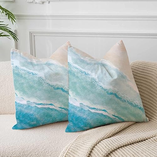 Miniatura 3 de Fundas de almohada azules con acuarela de playa, mar, océano, paisajes de naturaleza, funda de cojín cuadrada para sofá, cama, dormitorio,