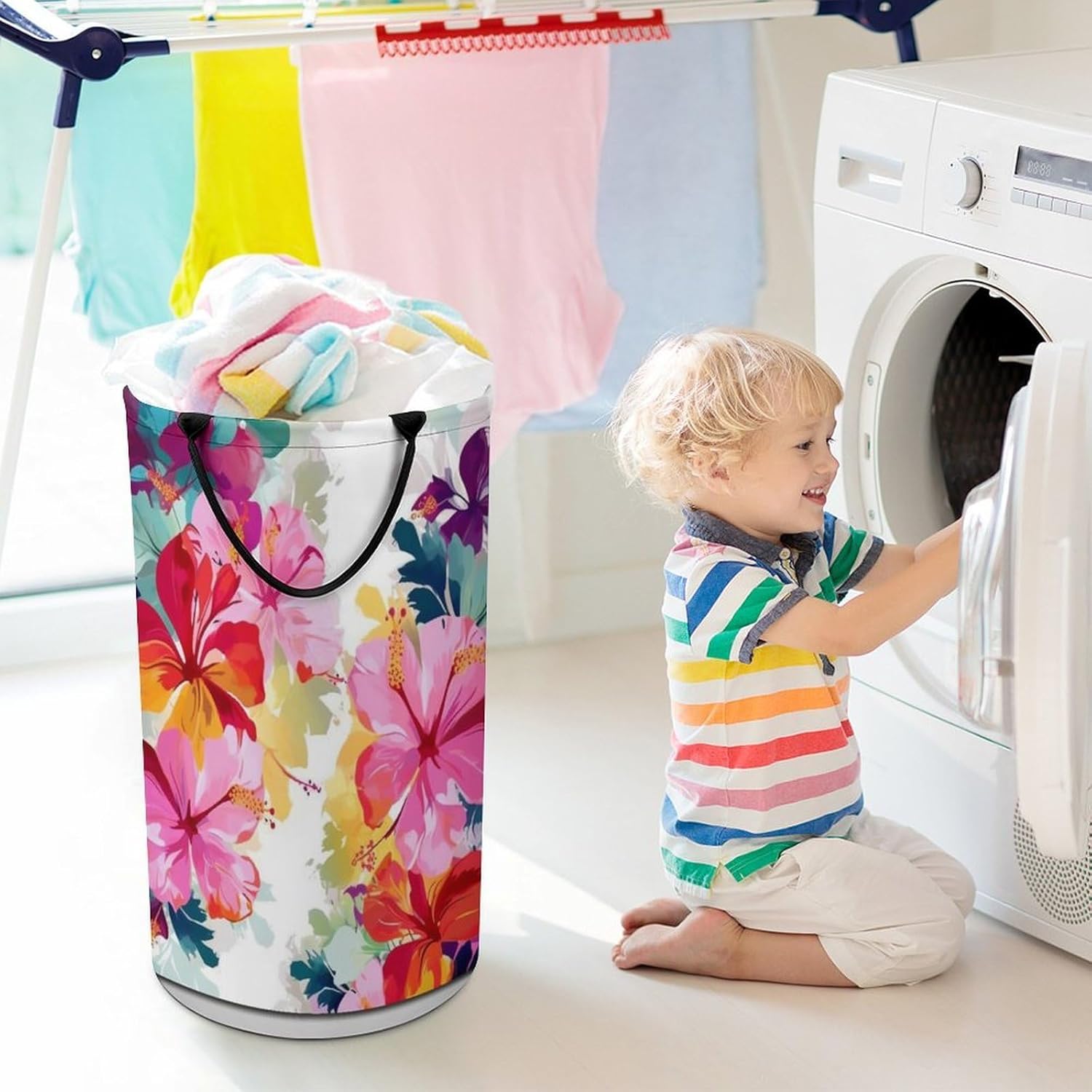Hawaiian Flower Print Laundry Basket Freestanding Laundry Hamper with Handles Waterproof Dirty Clothes Hamper Collapsible Washing Bin Aesthetic Clothes Basket for Bathroom Bedroom Dorm