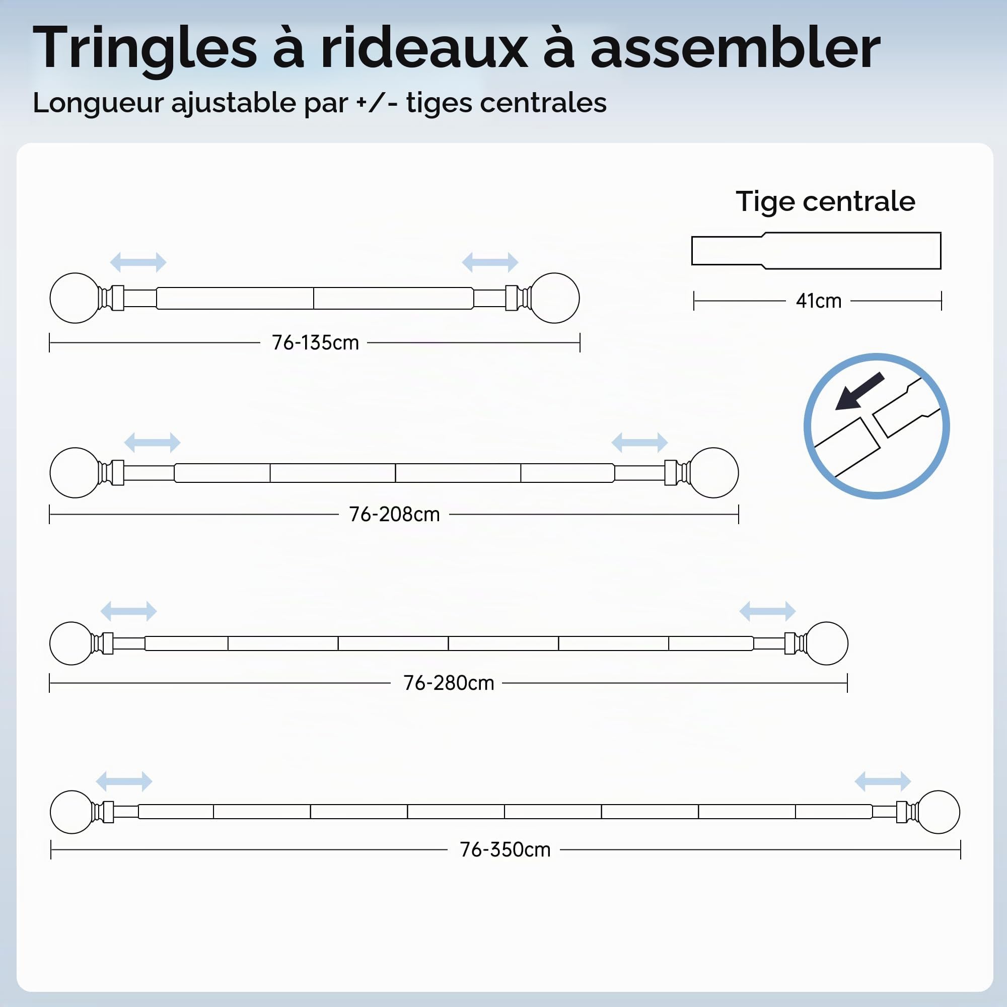 Tringle à rideaux extensible de 76 à 208 cm, diamètre 25 mm, tringle à rideaux réglable avec embouts en métal de 60 mm pour rideaux à œillets, tringles à rideaux robustes pour chambre à coucher,