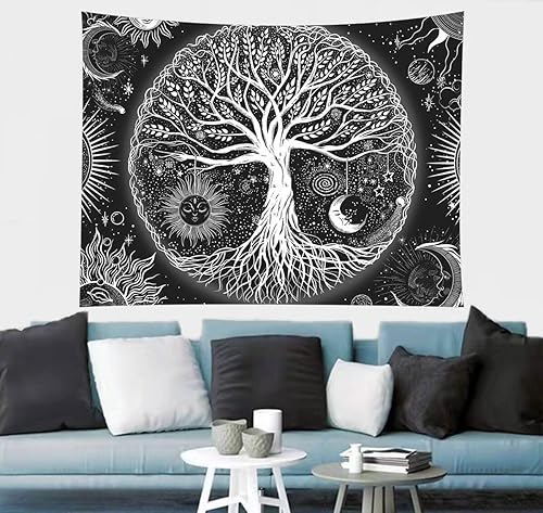 Miniatura 5 de FORATER Tapiz para colgar en la pared del Árbol de la Vida, tapiz estético de sol y luna en blanco y negro, decoraciones para el hogar para sala de