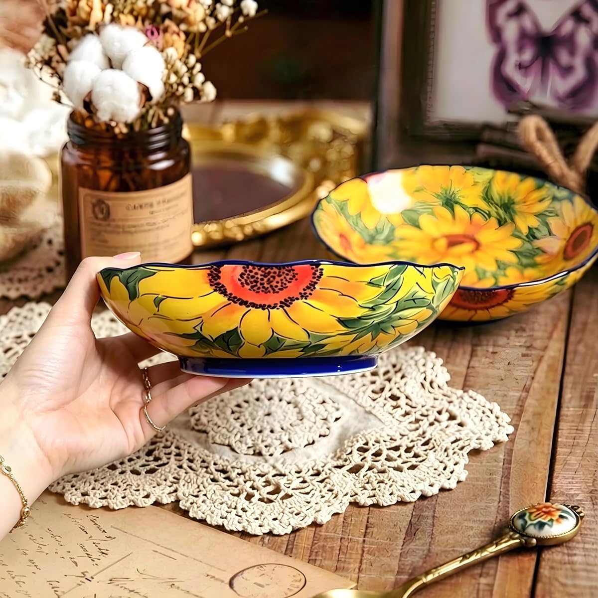 Hand-Painted Ceramic Dinner Plates with Lifelike Sunflower Pattern, 8.66 Inch Ceramic Kitchen Plates, Microwave & Dishwasher Safe, for Salad, Dessert, Fruits, Snacks & Appetizers. 1 Pack