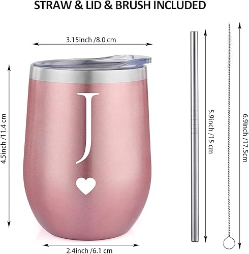 Miniatura 2 de Calltoge Regalos iniciales personalizados, vaso de vino de acero inoxidable de 12 onzas con cepillo para pajilla, taza aislada de oro rosa, boda,