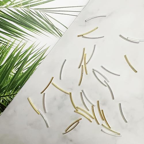 Miniatura 4 de 200 cuentas espaciadoras curvadas de tubo de fideos, latón, oro y plata, 0.984 in/1 pulgada, forma de fideos, cuentas de tubo para hacer joyas de