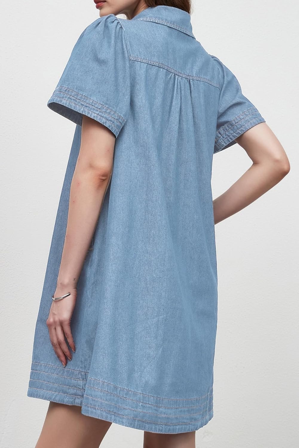 Women Denim Shirt Dress Summer Casual Short Sleeve Button Down V Neck Loose Jean Mini Dress - Image 5