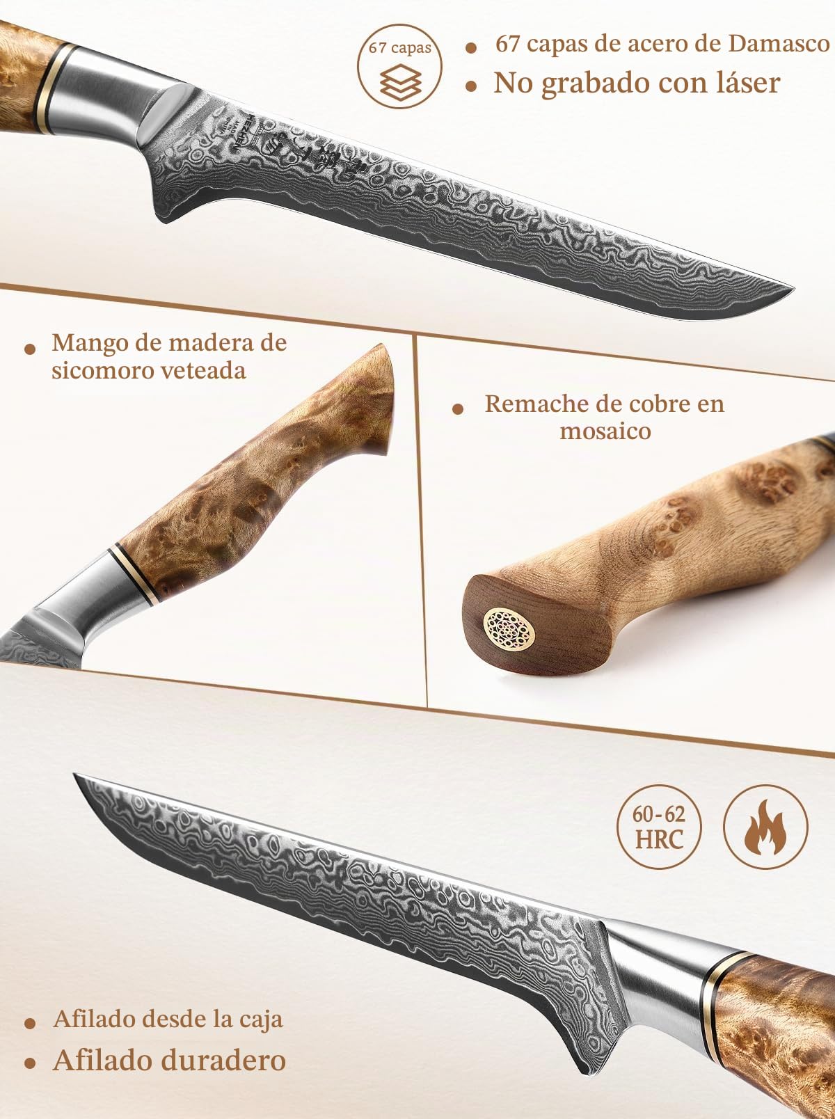 HEZHEN Damasco Cuchillo de Filete, Cuchillo para Pescado Profesional, Cuchillos de Deshuesar Damasco