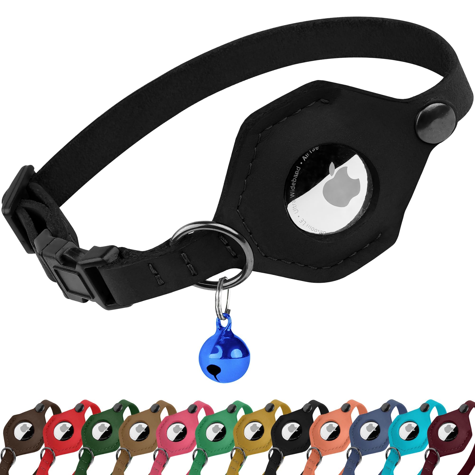 Breakaway Leather Airtag Cat Collar with Bell - Soft Pet Collar with Apple Air Tag Holder - Adjustable GPS Collars for Girl Boy Cats Kitten Puppy - Lightweight and Cute (Black)