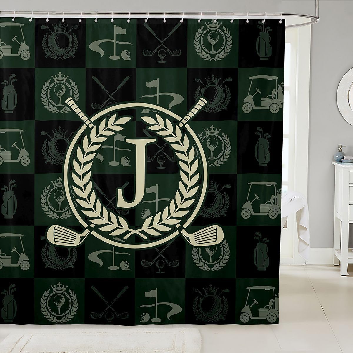Feelyou Golf Shower Curtain for Bathroom Decor Fashion Sports Theme Bath Curtain Personalized Initial J Bathroom Accessories Monogrammed Waterproof Polyester Fabric Ball Game with 12 Hooks 72"x72"
