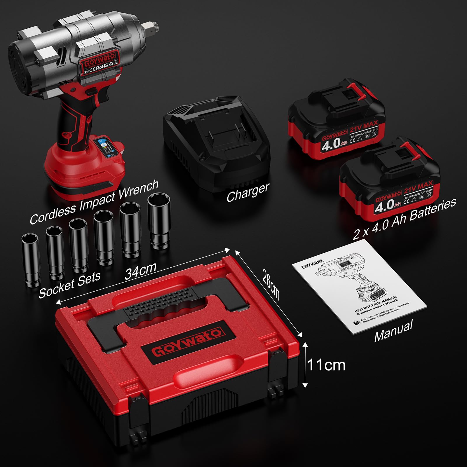 Avvitatore a Impulsi 1490 Nm con 2 Batterie 4.0Ah e 6 Bussole, Rosso | 1/2'' Avvitatore ad Impulsi Brushless con Caricabatterie & LED Integrata, Ideale per Auto, DIY e Uso