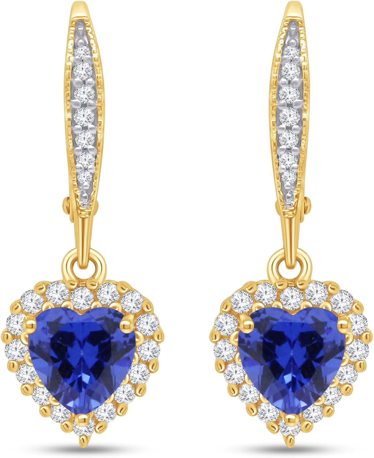 Heart & Round Cut Simulated Birthstone & White Cubic Zirconia Heart Dangle Leverback Earrings for Women in 14K Gold Plated 925 Sterling Silver
