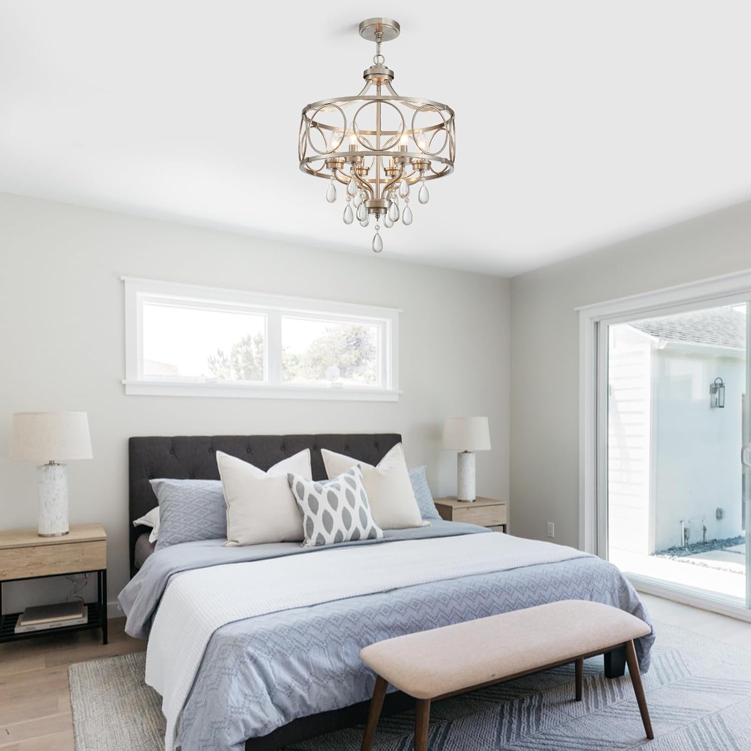 Crystal Chandeliers for Dining Room,17.7" Brushed Nickel 6 Lights Hanging Pendant Lighting Fixture Metal Farmhouse Chandelier for Kitchen Island Entryway Living Room