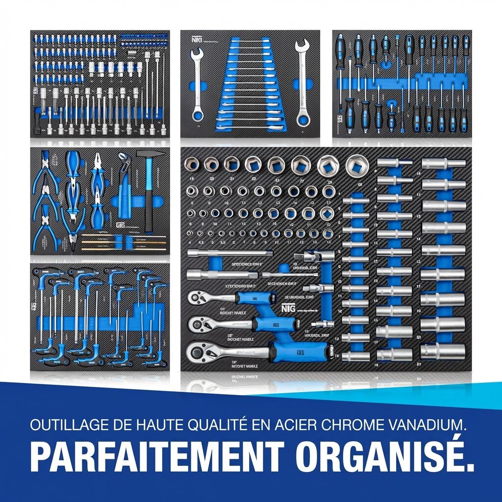 NTG Chariot à Outils + Outils + 7 tiroirs, 247 pièces, verrouillable, Dont 6 avec Outils, avec Inserts Souples en Aspect Carbone, tiroirs remplis, servante d'atelier, boîte à Outils