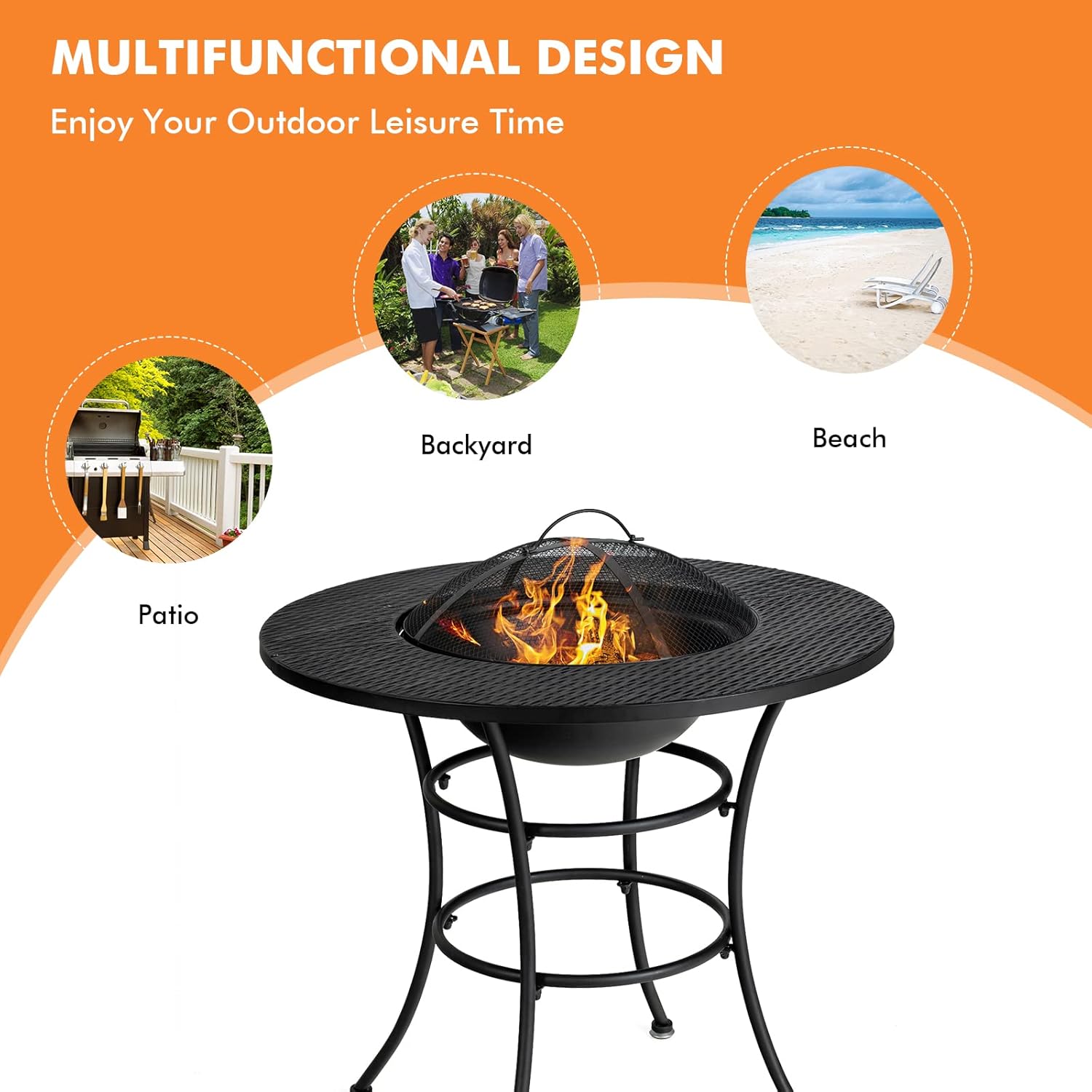 Giantex 4-In-1 Fire Pit Dining Table, 32" Fire Bowl for Outside, Wood Burning Fireplaces with Cover, Fire Poker, Grill Grate, Patio Dining Table for Camping, Picnic, Yard, Metal Round Outdoor Fire Pit