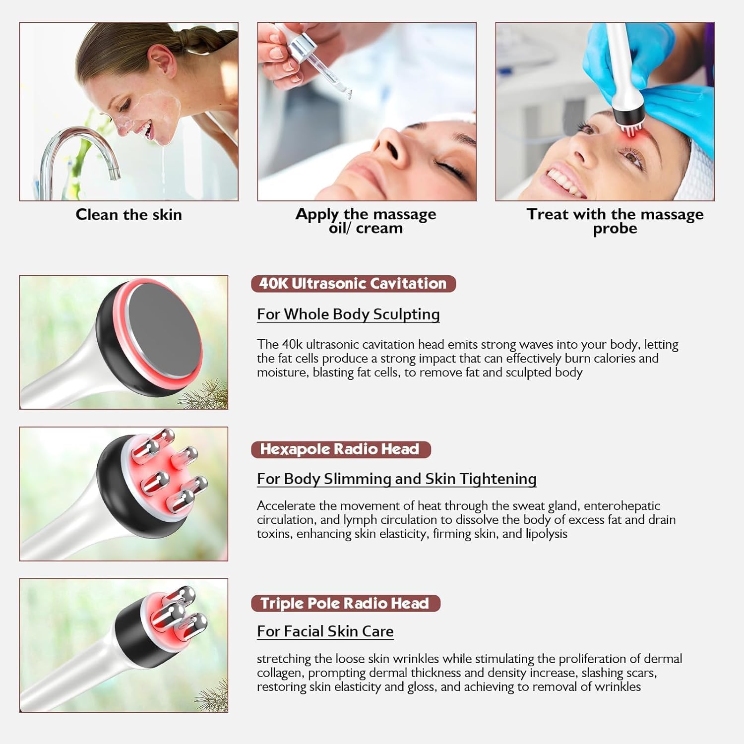 Step-by-step guide showing skin preparation, gel application, and treatment with the Cozion 40K machine probes.