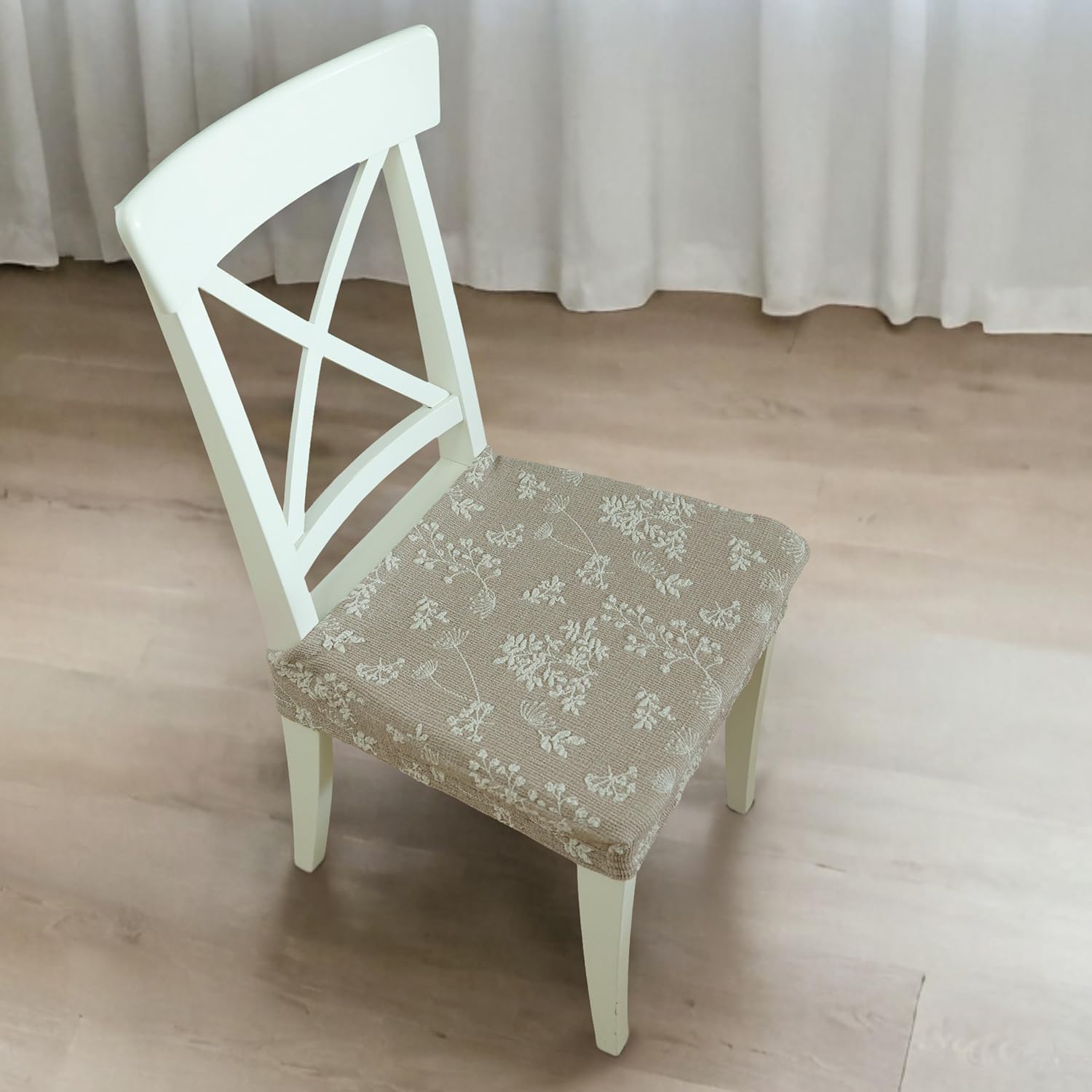 Jacquard Dining Chair Seat Covers (Light Brown, Set of 2), Elastic Cotton-Blend Slipcovers with Yarn-Dyed Floral Pattern, Durable Washable Seat Protectors for Dining Room or Kitchen Use