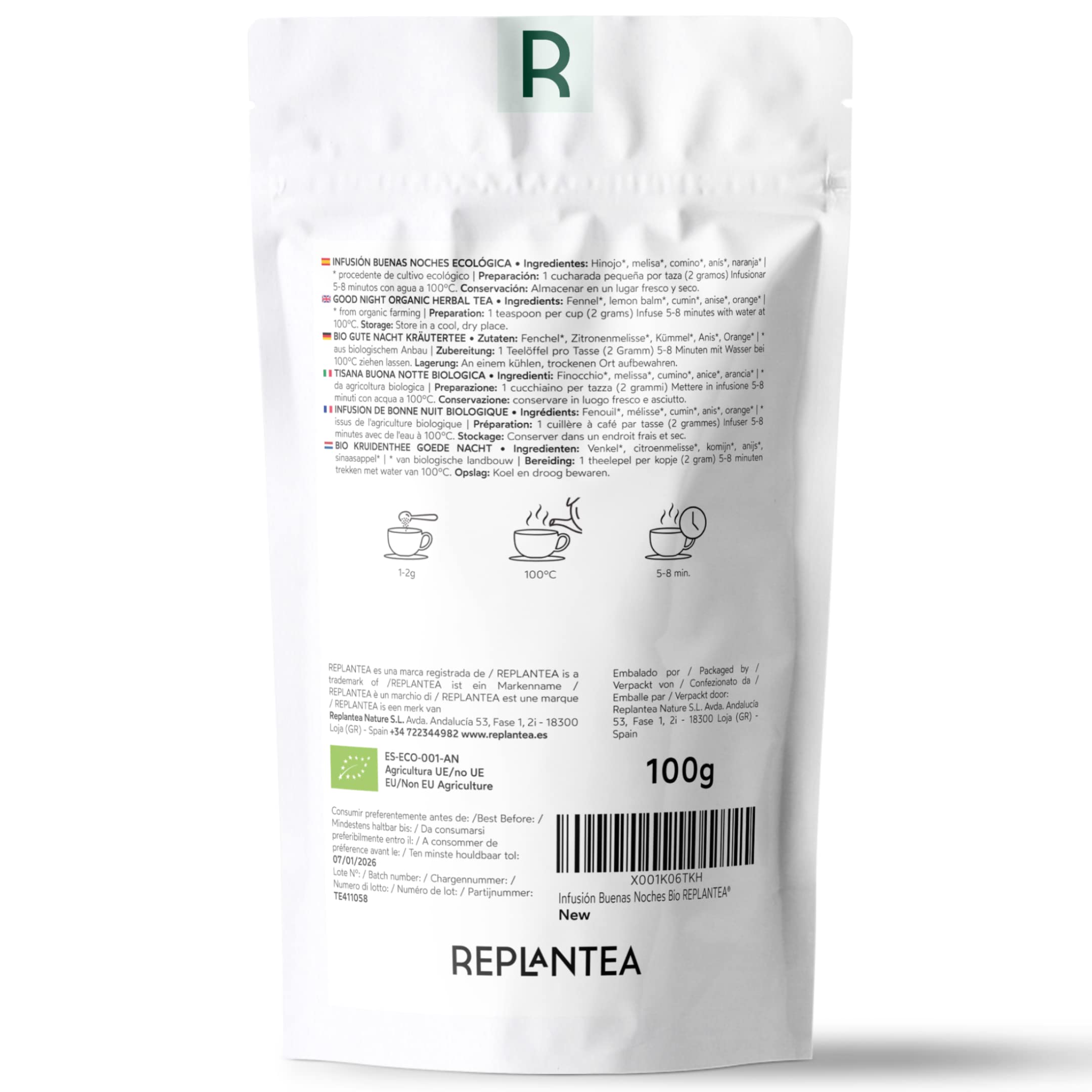 INFUSION PARA DORMIR Buenas Noches 100% Ecológica 100g (50 Tazas) | INFUSION DE MELISA con Hinojo, Anís, Naranja Orgánicos REPLANTEA®