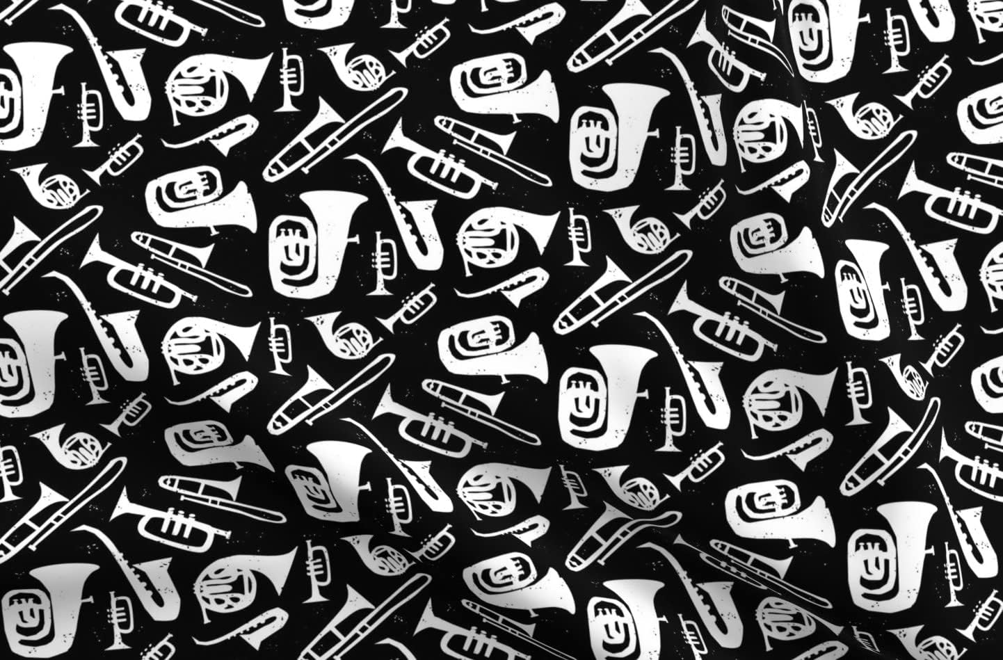 Spoonflower Fabric - Jazz Print White Black Music Instruments Tuba Trombone Band Printed on Organic Cotton Sateen Fabric by The Yard - Sewing Quilting Apparel Home Decor
